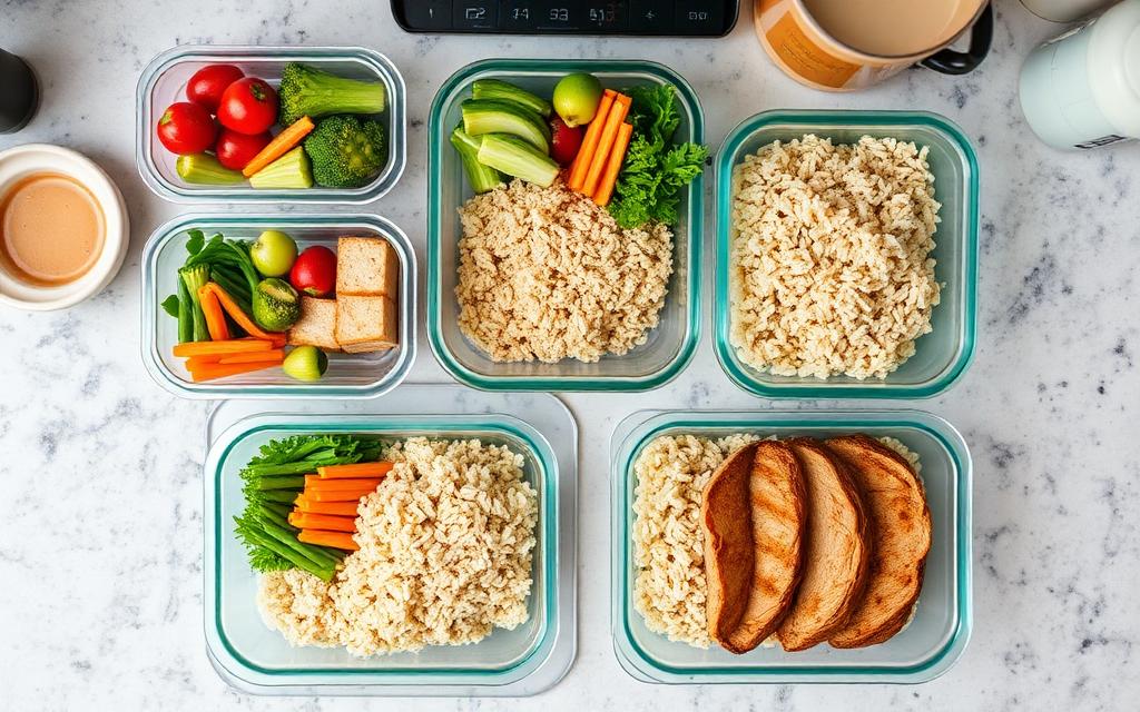 Prepared meal containers on kitchen counter