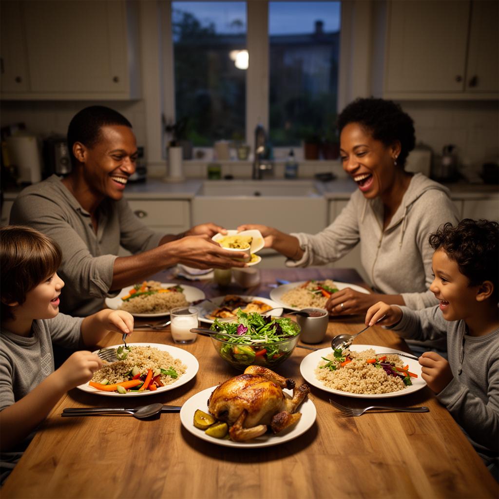 Family of four eating a budget-friendly home-cooked dinner