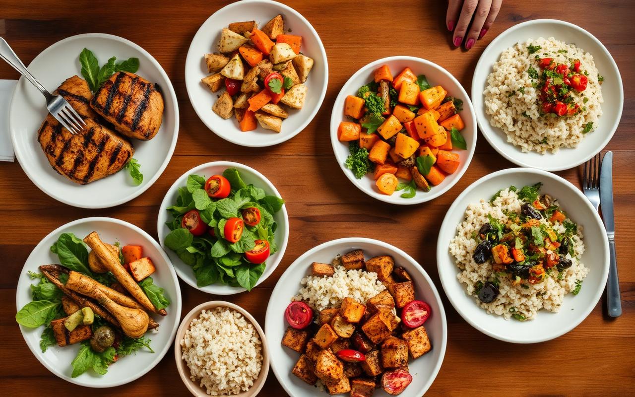 Healthy family-style dinner spread on a wooden table