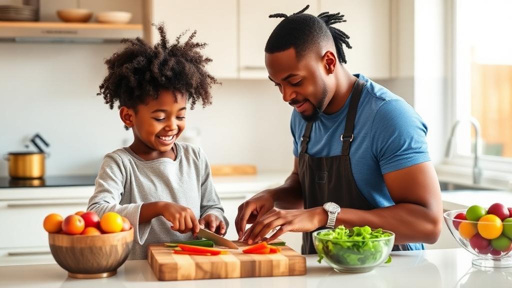 Family preparing dinner together in a bright kitchen