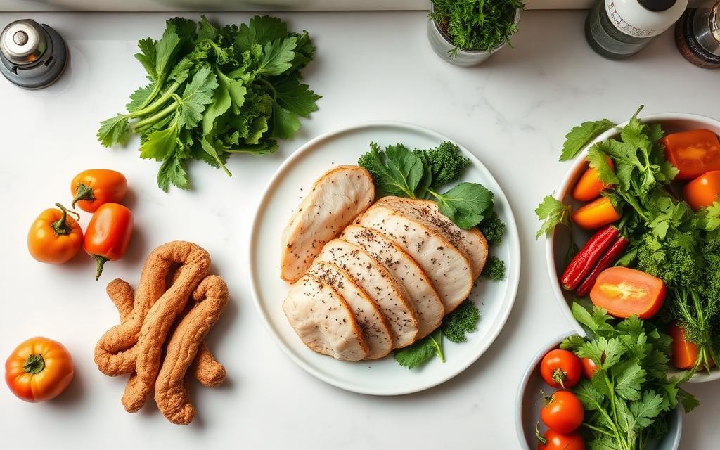 Balanced high-protein meal with vegetables on a clean kitchen counter