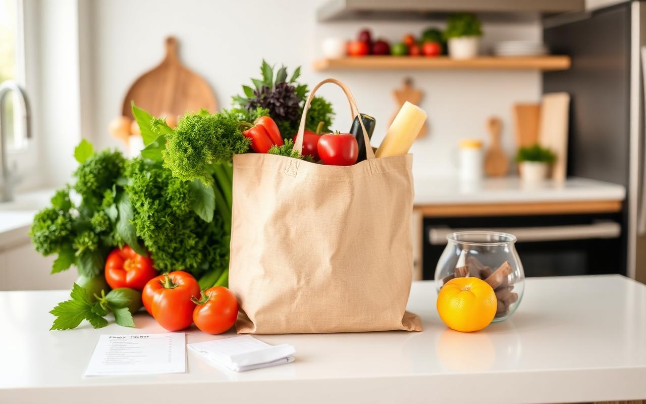 Reusable grocery bag with fresh produce on a kitchen counter