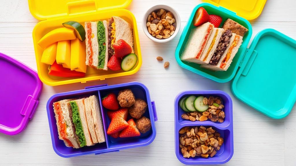 Lunchboxes packed with sandwiches, fruit, and vegetables