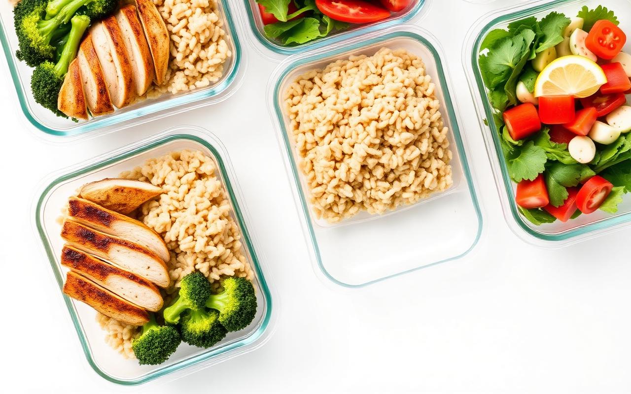 Meal prep containers with portioned healthy meals