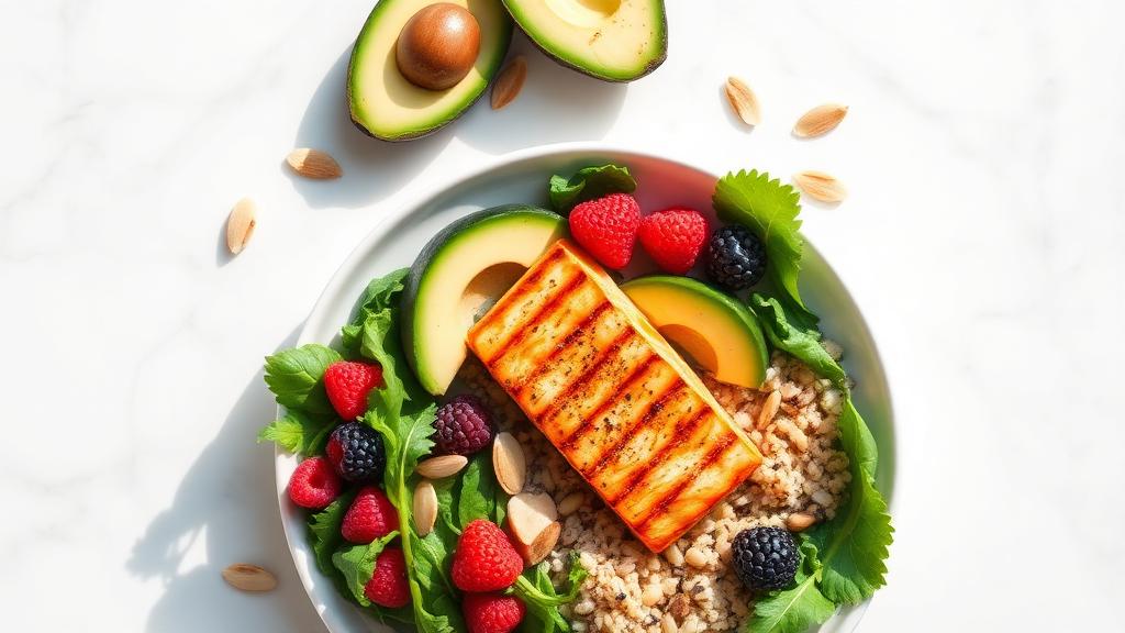 Colorful balanced nutrition plate with salmon, quinoa, avocado, and mixed vegetables