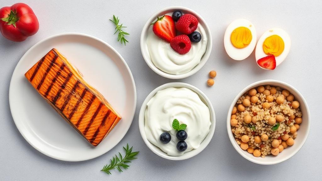 High-protein meal of grilled chicken, eggs, and legumes
