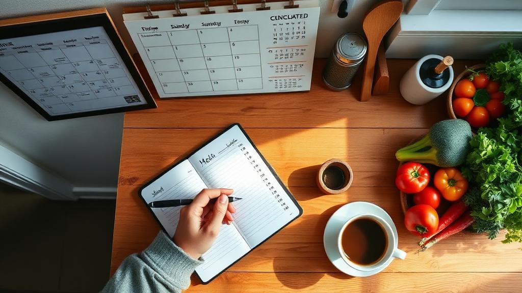 Sunday meal planning notebook with calendar and fresh produce