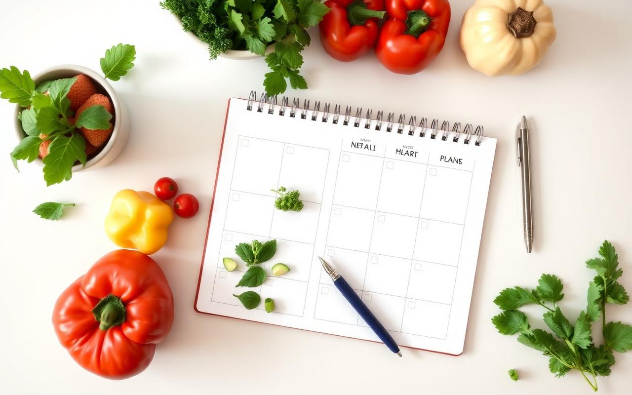 Weekly meal plan notebook with fresh vegetables on a kitchen counter