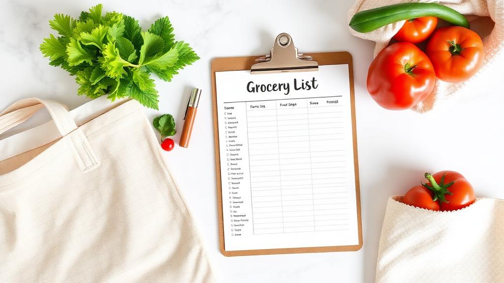 Printed grocery list organized by aisle next to reusable bags