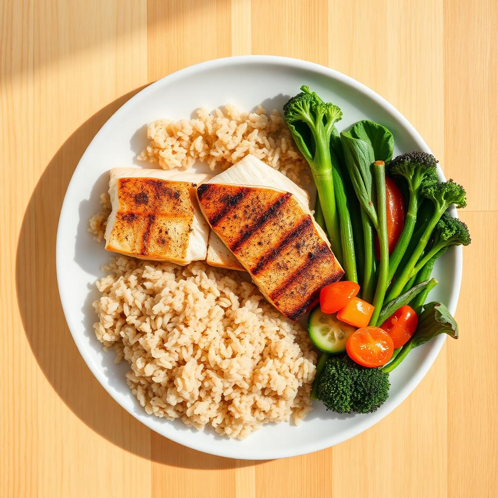 Balanced plate with grilled fish, brown rice, and vegetables