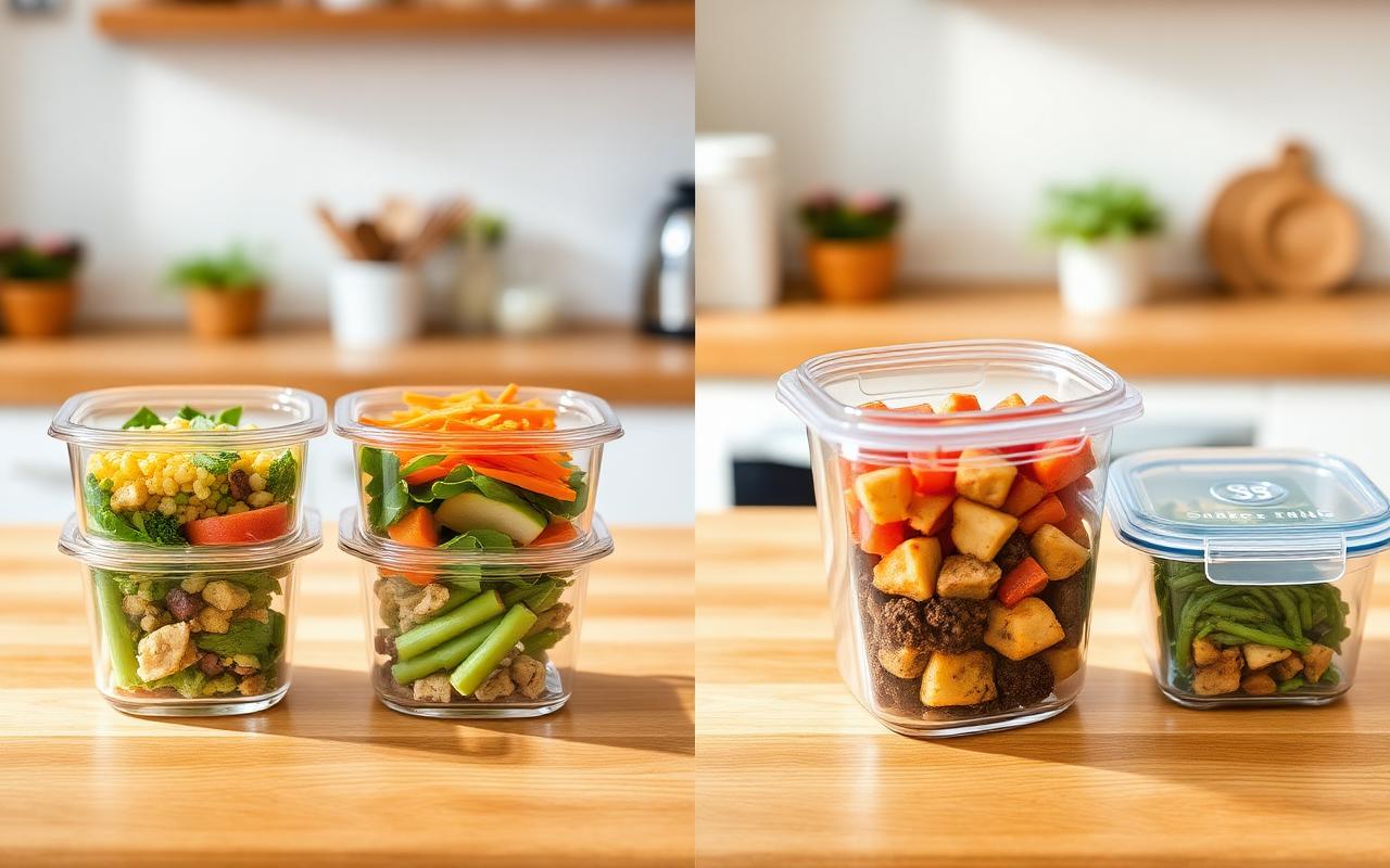 Glass and plastic meal prep containers side by side on a wooden counter