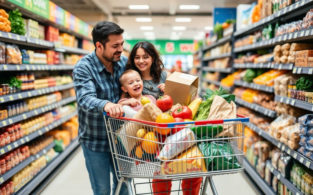 Family shopping together with a cart full of fresh groceries in a supermarket