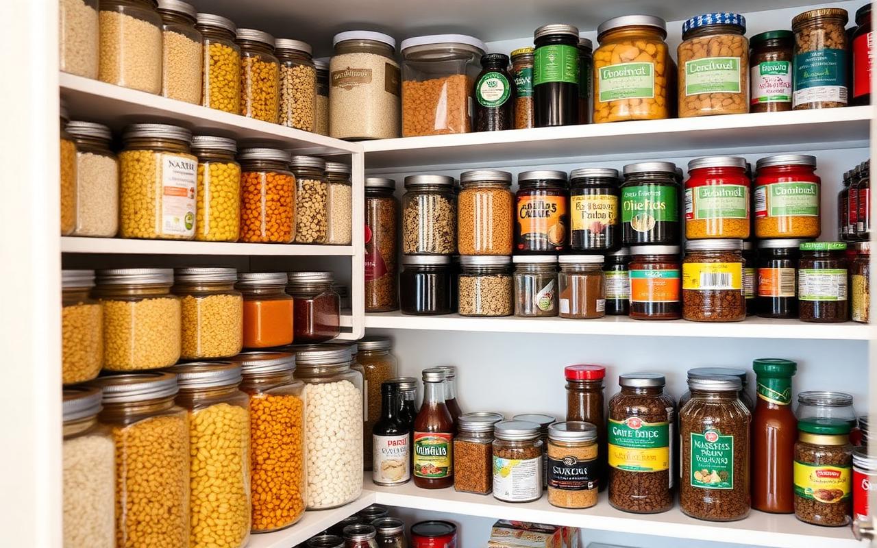 Well-stocked pantry shelves with jars of grains, pasta, beans and spices