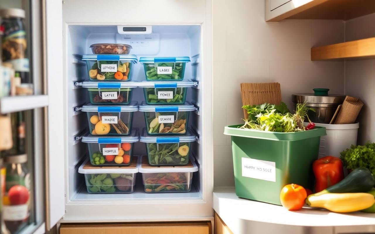 Labeled leftover containers in a fridge next to a compost bin with vegetable scraps