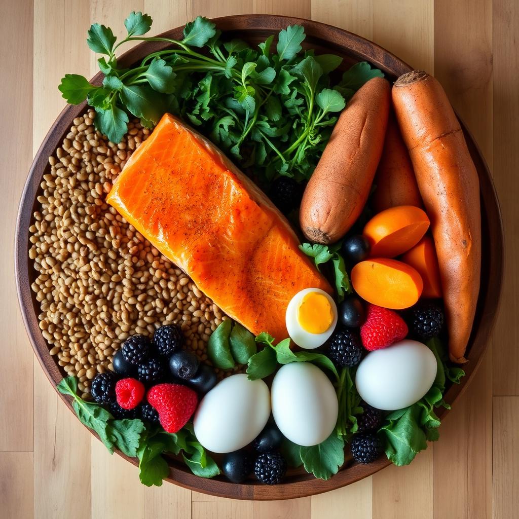 Board of whole sustainable foods: salmon, lentils, sweet potatoes, greens, berries