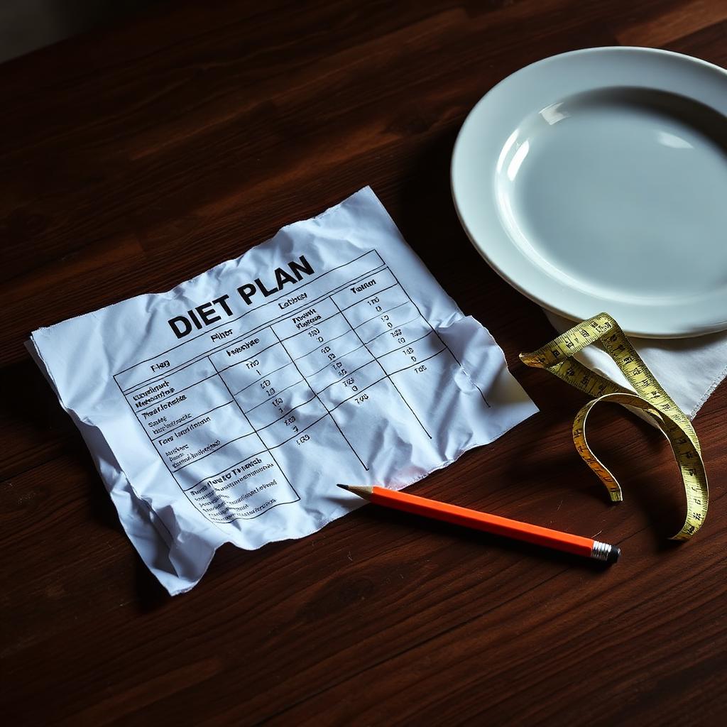 Crumpled diet plan on a table next to an empty plate and measuring tape